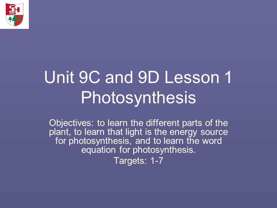 Unit 9C and 9D Lesson 1 Photosynthesis Objectives: to learn the different parts of the plant, to learn that light is the energy source for photosynthesis, and to learn the word equation for photosynthesis.