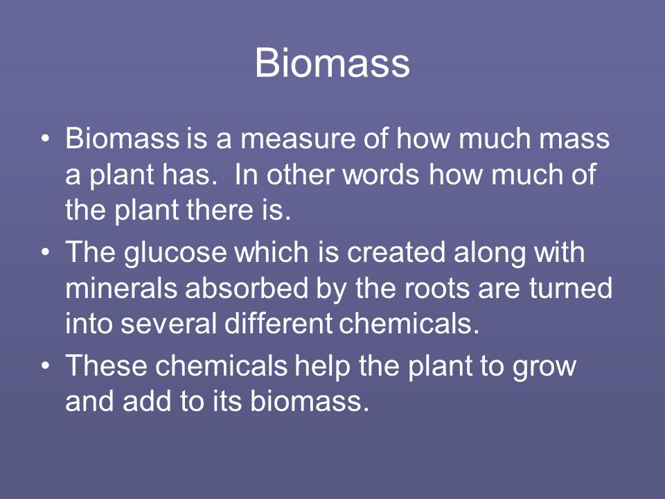 Biomass Biomass is a measure of how much mass a plant has.