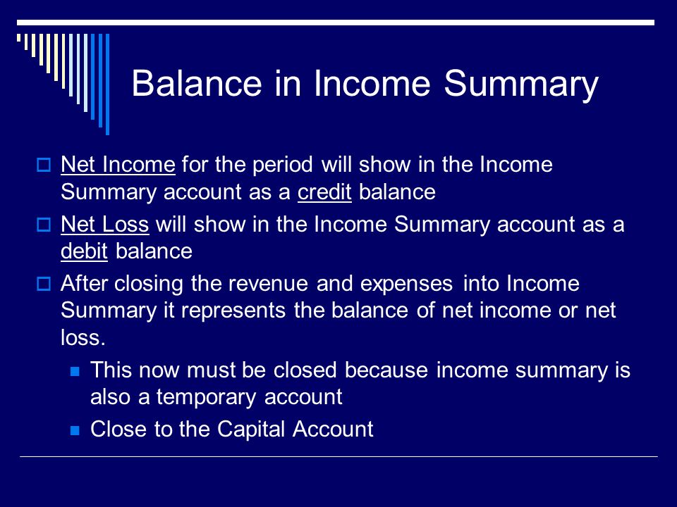 Balance in Income Summary  Net Income for the period will show in the Income Summary account as a credit balance  Net Loss will show in the Income Summary account as a debit balance  After closing the revenue and expenses into Income Summary it represents the balance of net income or net loss.