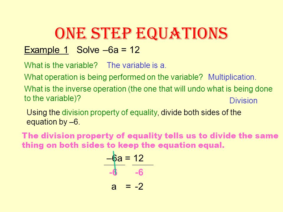 ONE STEP EQUATIONS Example 1 Solve y - 7 = -13 What is the variable.