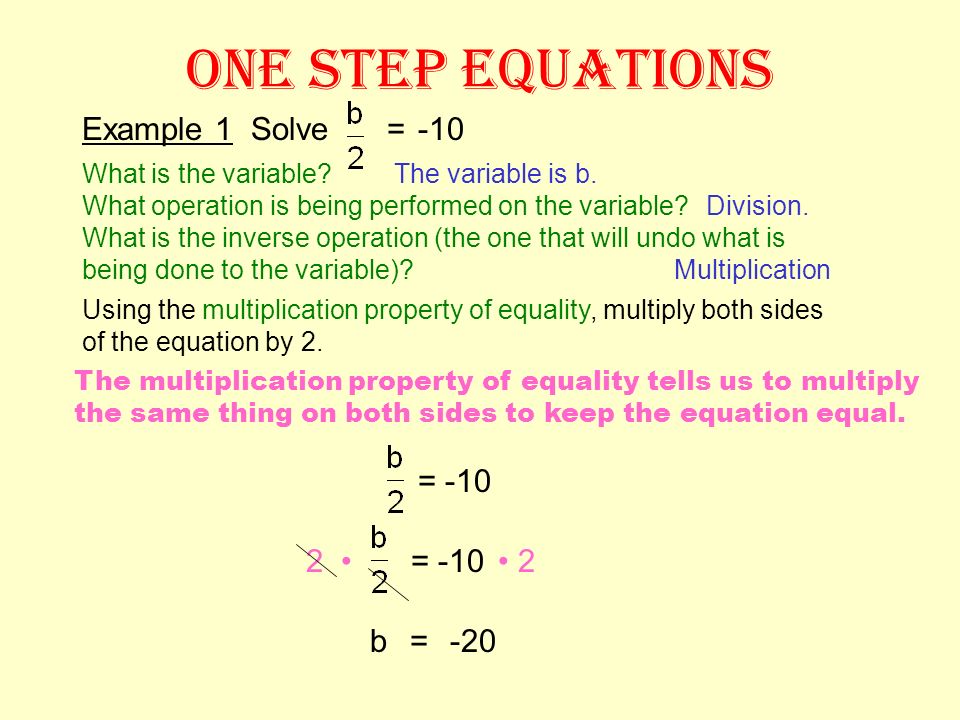 ONE STEP EQUATIONS Example 1 Solve –6a = 12 What is the variable.