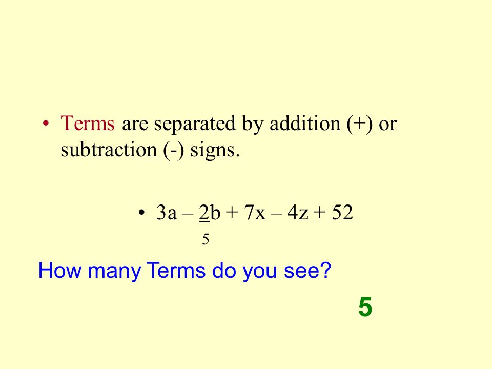 Definitions Term : a number, variable or the product or quotient of a number and a variable.