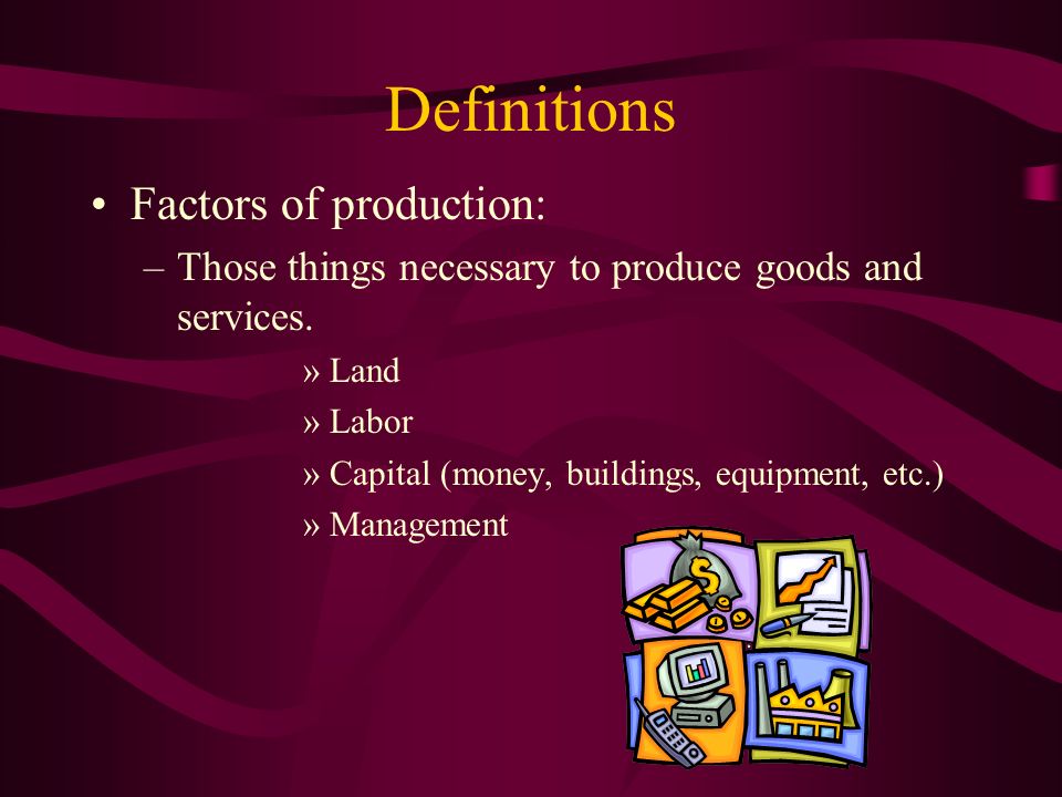 Definitions Factors of production: –Those things necessary to produce goods and services.