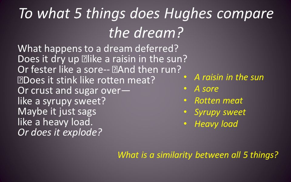 To what 5 things does Hughes compare the dream. What happens to a dream deferred.