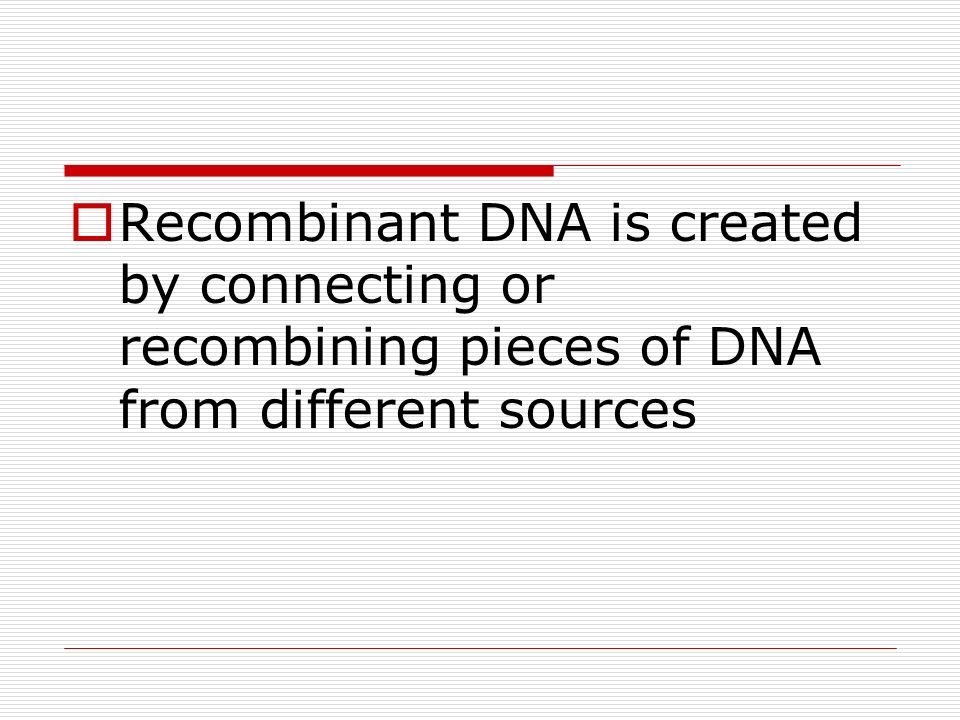  Recombinant DNA is created by connecting or recombining pieces of DNA from different sources