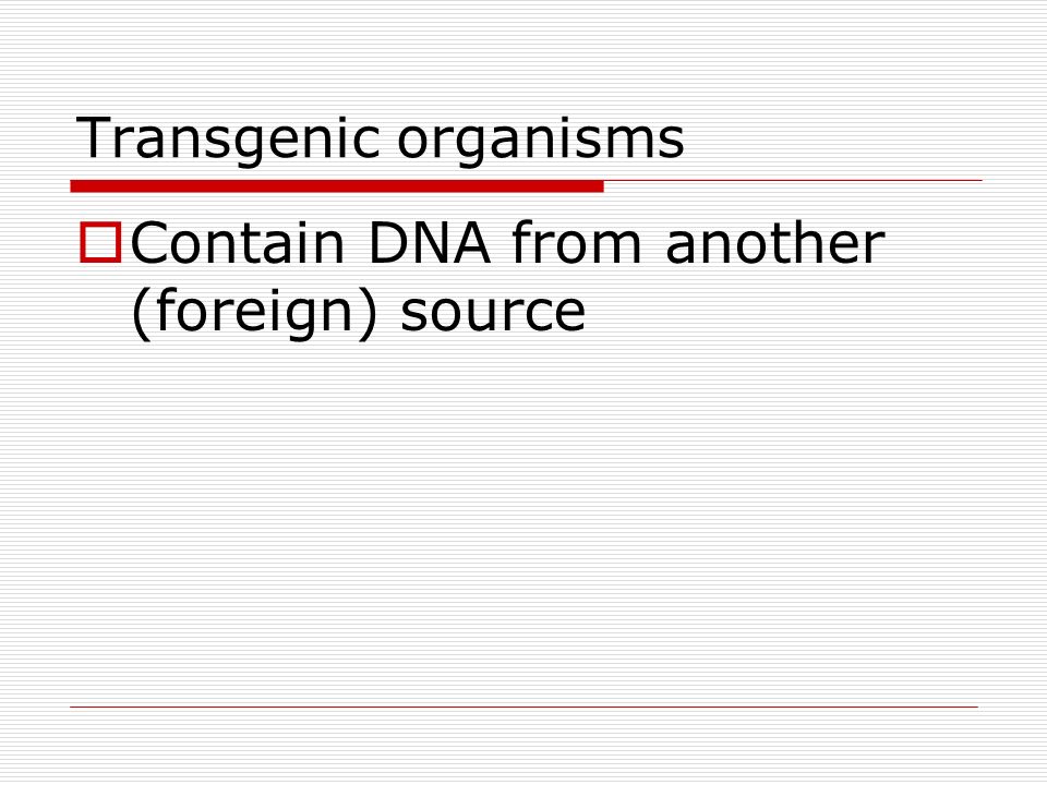 Transgenic organisms  Contain DNA from another (foreign) source