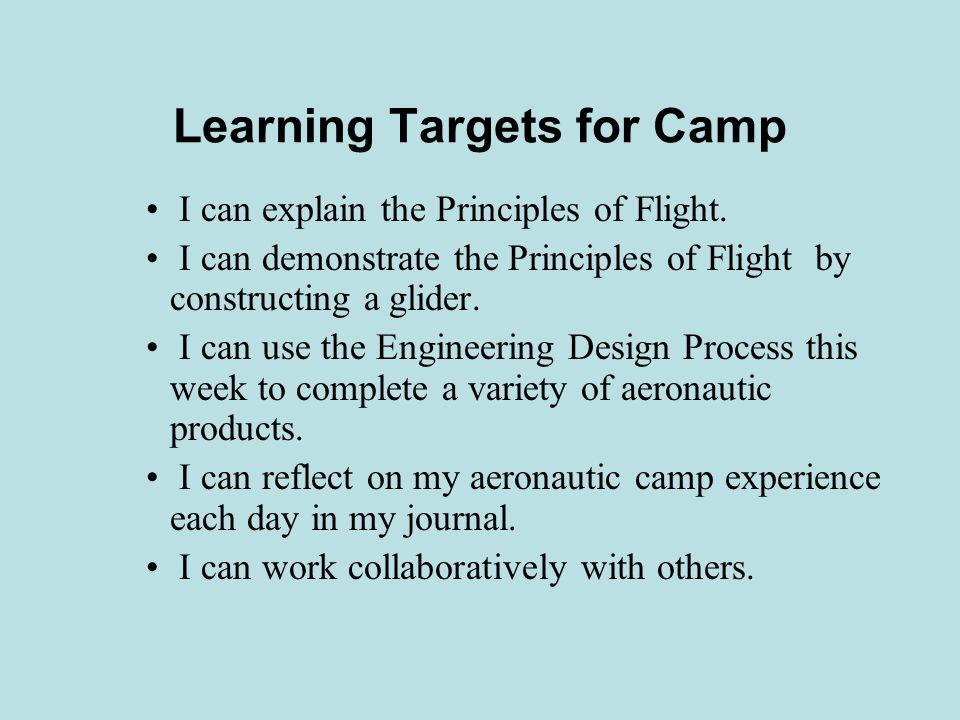 Learning Targets for Camp I can explain the Principles of Flight.