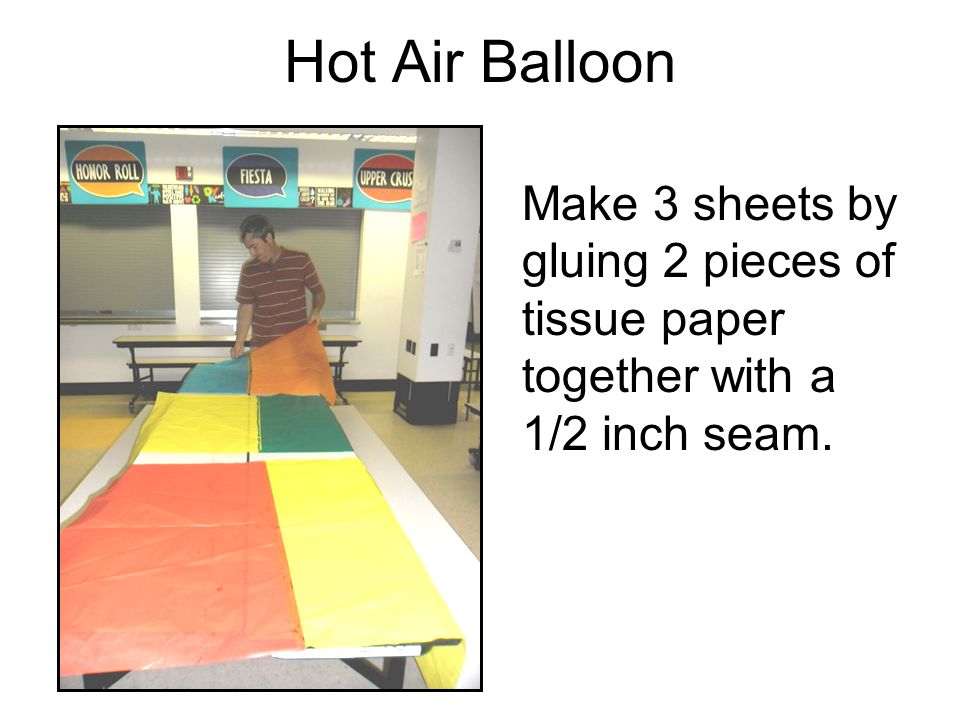 Hot Air Balloon Make 3 sheets by gluing 2 pieces of tissue paper together with a 1/2 inch seam.