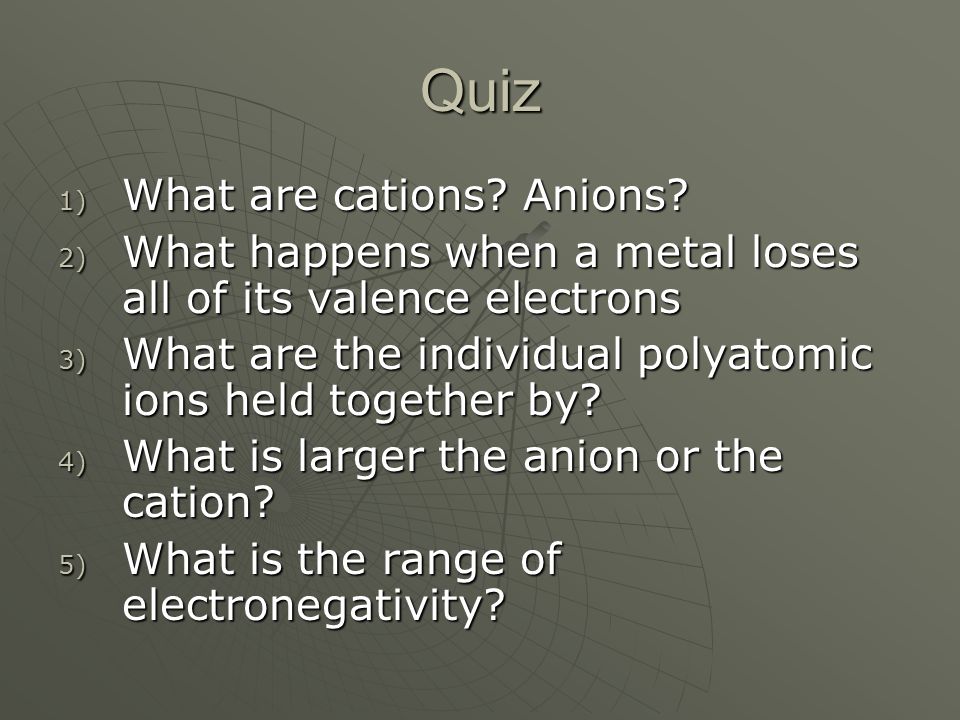 Quiz 1) What are cations. Anions.