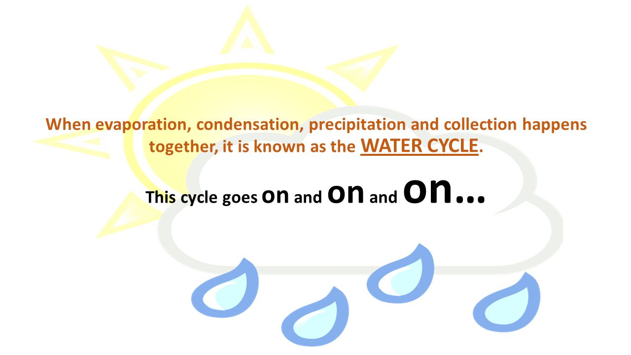 When evaporation, condensation, precipitation and collection happens together, it is known as the WATER CYCLE.