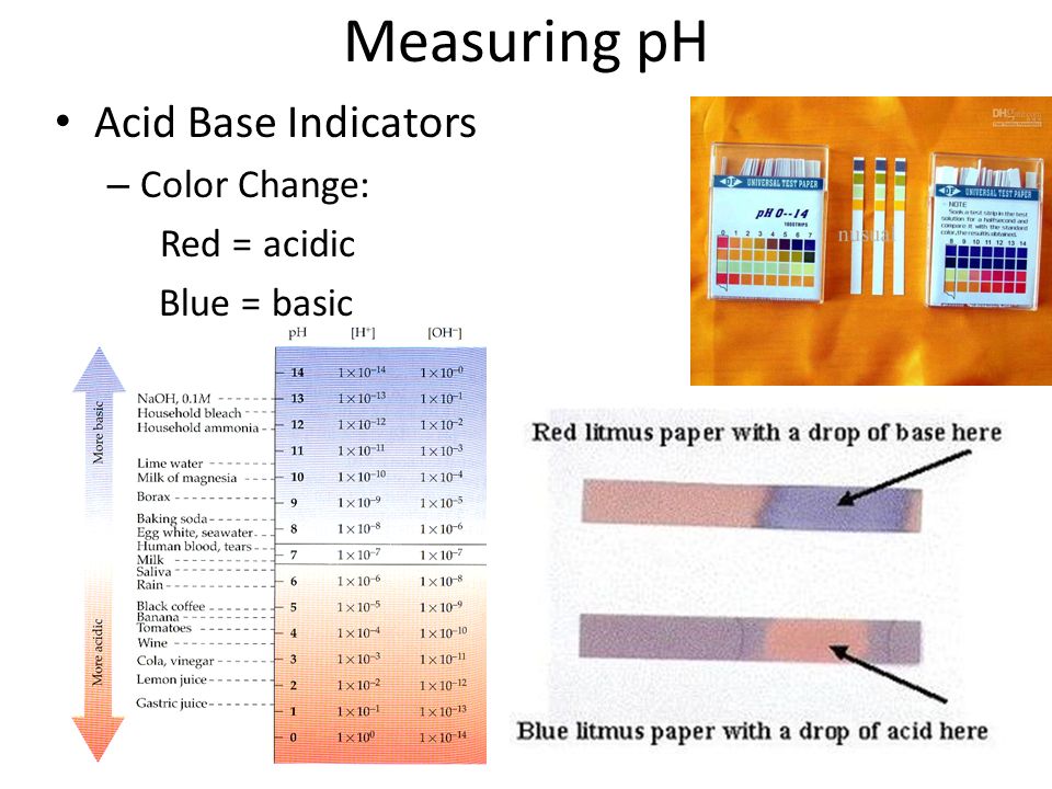 Measuring pH Acid Base Indicators – Color Change: Red = acidic Blue = basic