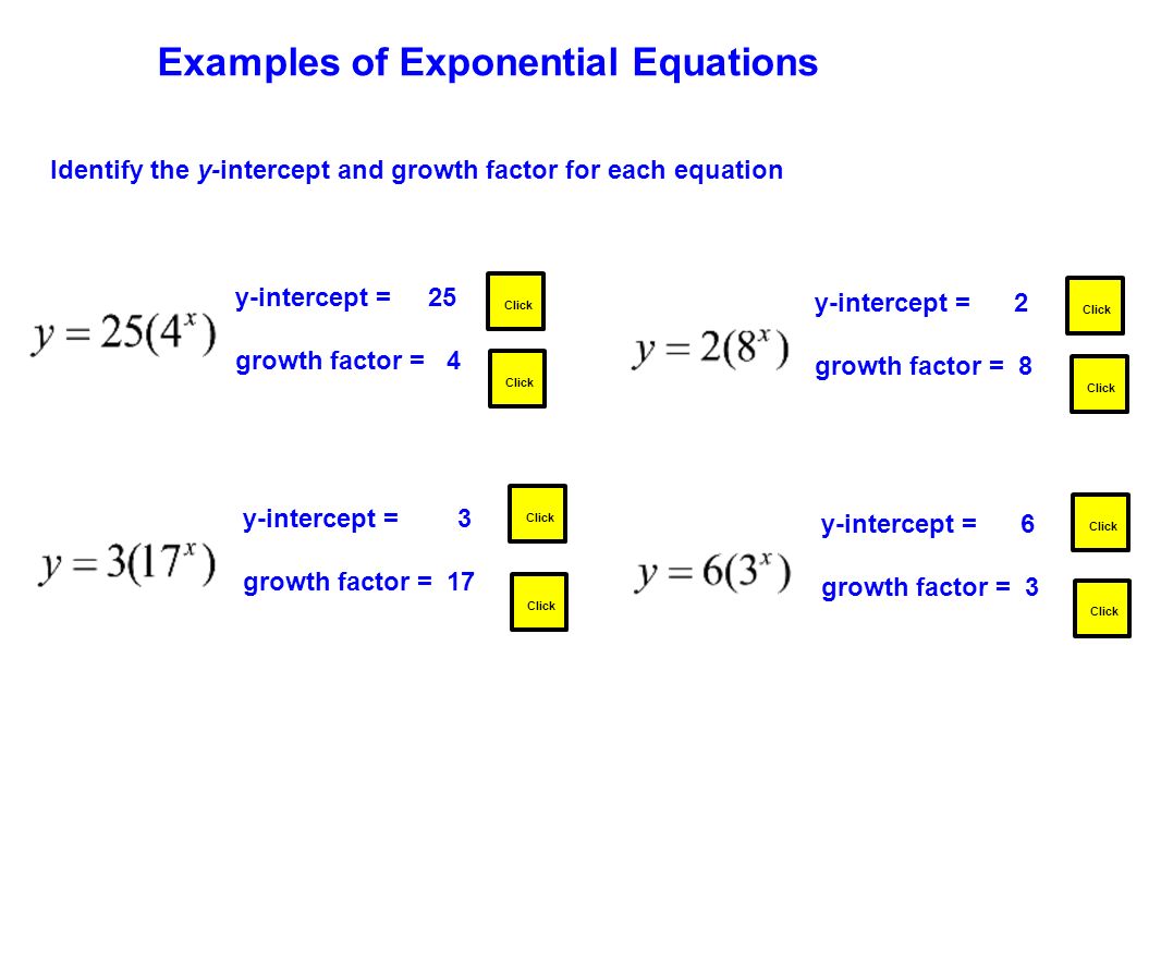 Table Of Contents Exponential Growth Introduction 51 Examples Of Exponential Equations Identify The Y Intercept And Growth Factor For Each Equation 25 4 3