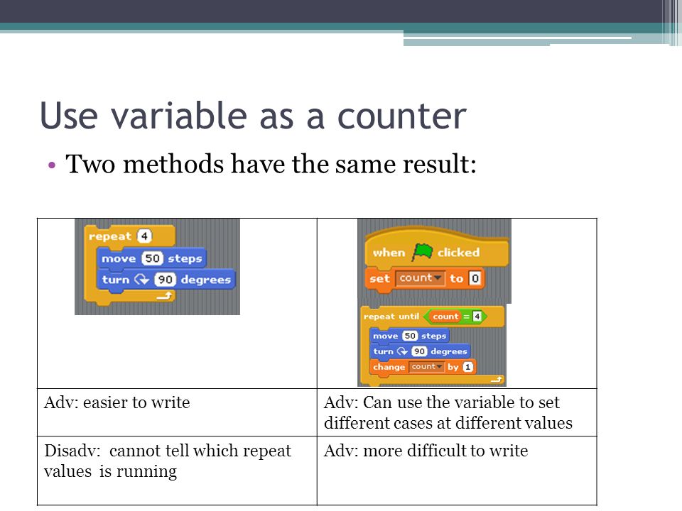 Use variable as a counter Two methods have the same result: Adv: easier to writeAdv: Can use the variable to set different cases at different values Disadv: cannot tell which repeat values is running Adv: more difficult to write