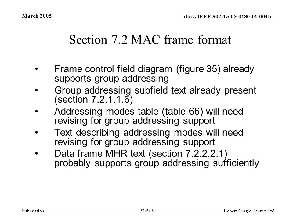 doc.: IEEE b Submission March 2005 Robert Cragie, Jennic Ltd.Slide 9 Section 7.2 MAC frame format Frame control field diagram (figure 35) already supports group addressing Group addressing subfield text already present (section ) Addressing modes table (table 66) will need revising for group addressing support Text describing addressing modes will need revising for group addressing support Data frame MHR text (section ) probably supports group addressing sufficiently
