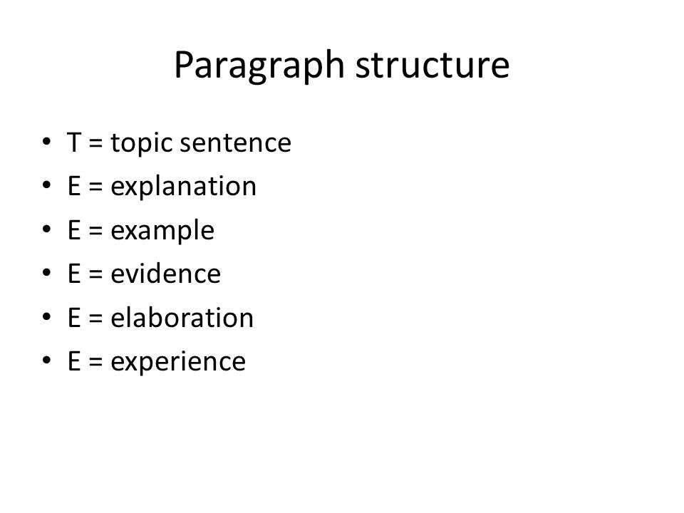 Paragraph structure T = topic sentence E = explanation E = example E = evidence E = elaboration E = experience