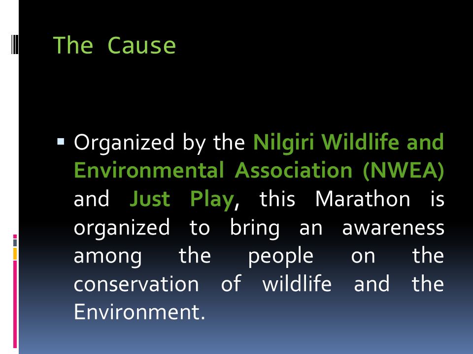 The Cause  Organized by the Nilgiri Wildlife and Environmental Association (NWEA) and Just Play, this Marathon is organized to bring an awareness among the people on the conservation of wildlife and the Environment.