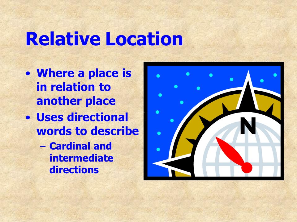 Relative Location Where a place is in relation to another place Uses directional words to describe –Cardinal and intermediate directions