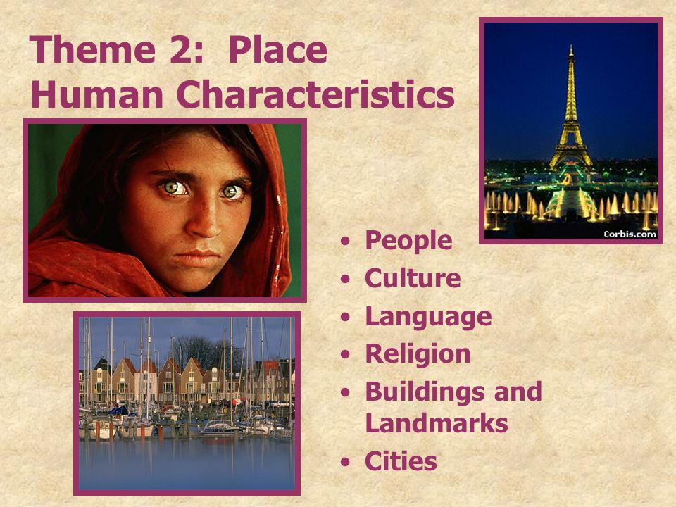 Theme 2: Place Human Characteristics People Culture Language Religion Buildings and Landmarks Cities