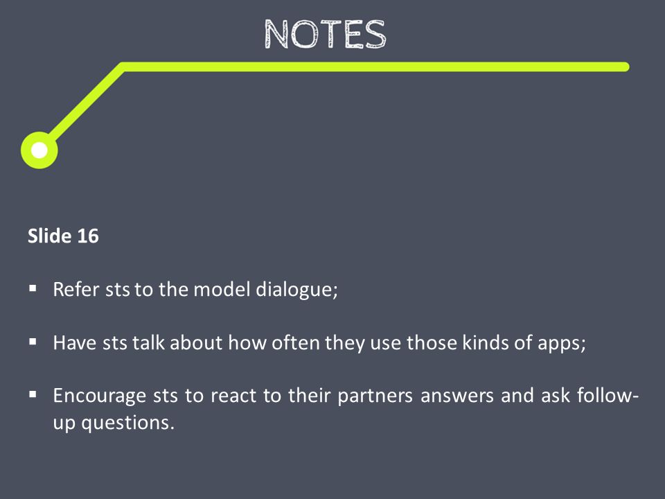 Slide 16  Refer sts to the model dialogue;  Have sts talk about how often they use those kinds of apps;  Encourage sts to react to their partners answers and ask follow- up questions.