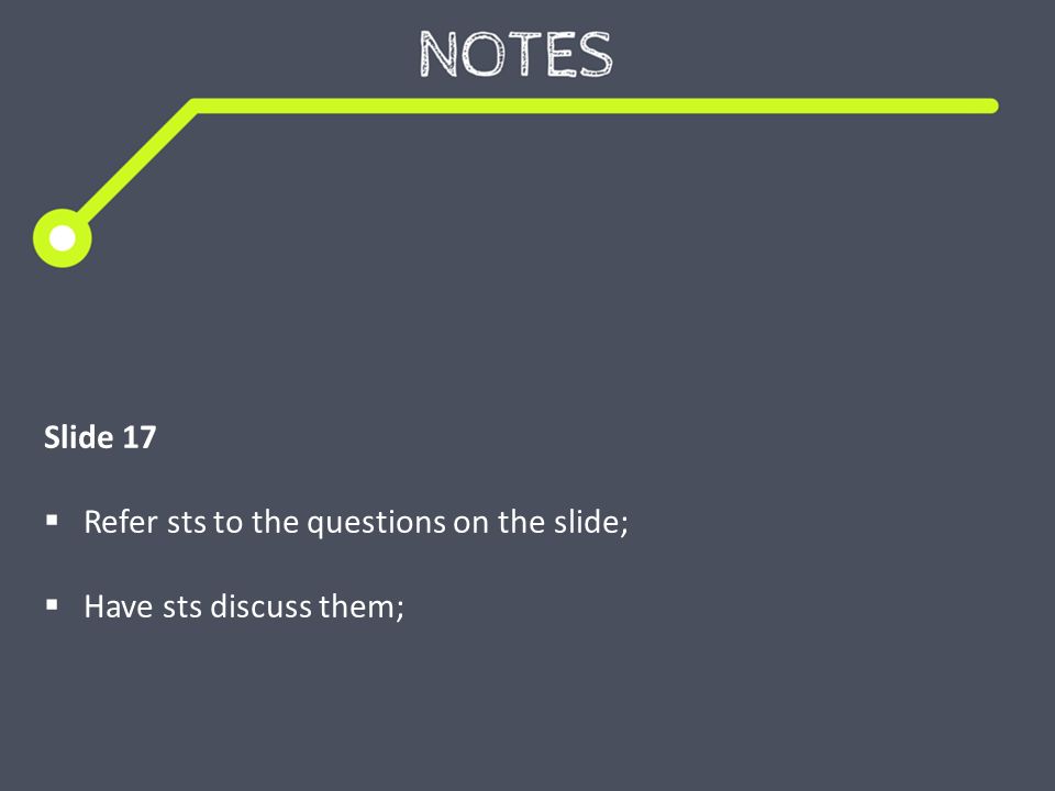 Slide 17  Refer sts to the questions on the slide;  Have sts discuss them;