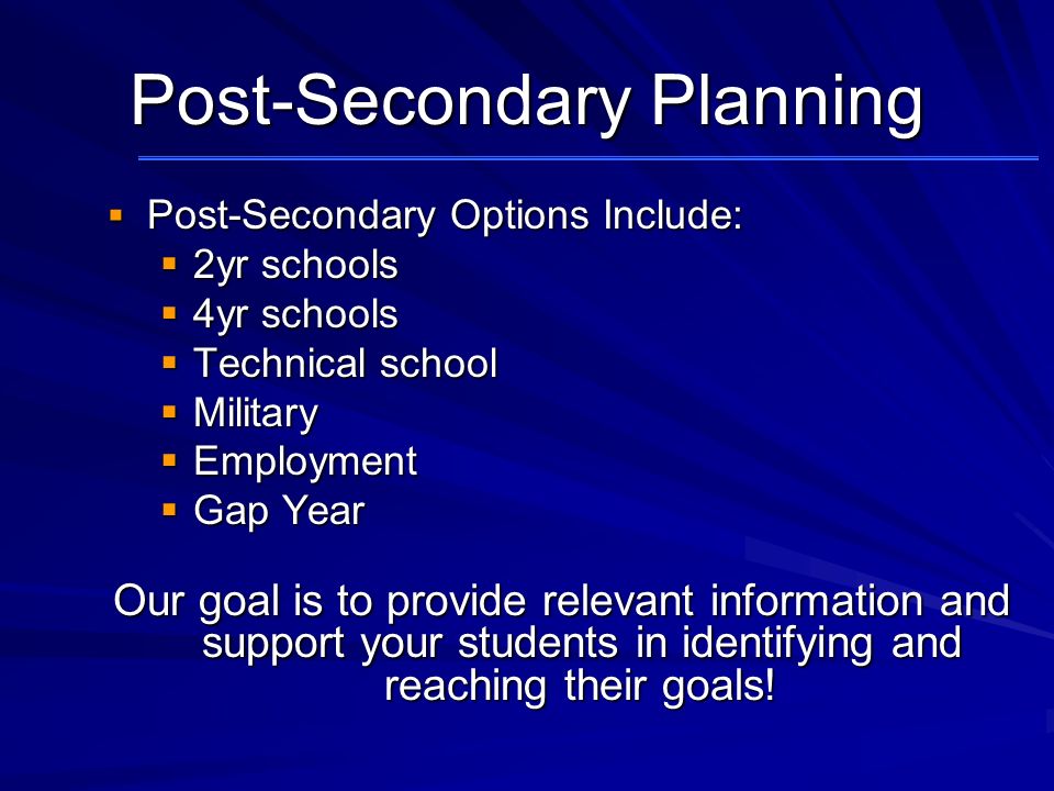 Post-Secondary Planning  Post-Secondary Options Include:  2yr schools  4yr schools  Technical school  Military  Employment  Gap Year Our goal is to provide relevant information and support your students in identifying and reaching their goals!