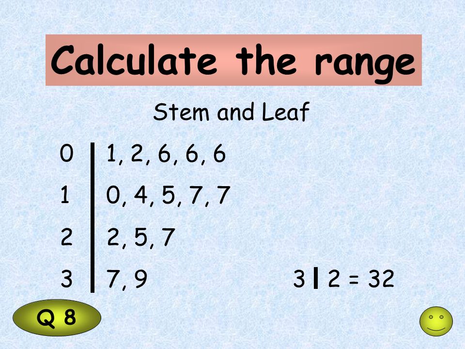 Calculate the range Q 8 Stem and Leaf 01, 2, 6, 6, 6 10, 4, 5, 7, 7 22, 5, 7 37, 93 2 = 32