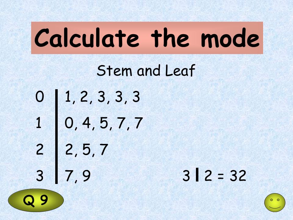 Calculate the mode Q 9 Stem and Leaf 01, 2, 3, 3, 3 10, 4, 5, 7, 7 22, 5, 7 37, 93 2 = 32