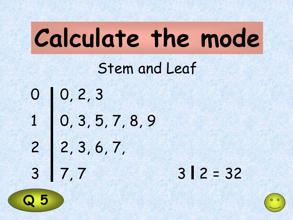 Calculate the mode Q 5 Stem and Leaf 00, 2, 3 10, 3, 5, 7, 8, 9 22, 3, 6, 7, 37, 73 2 = 32