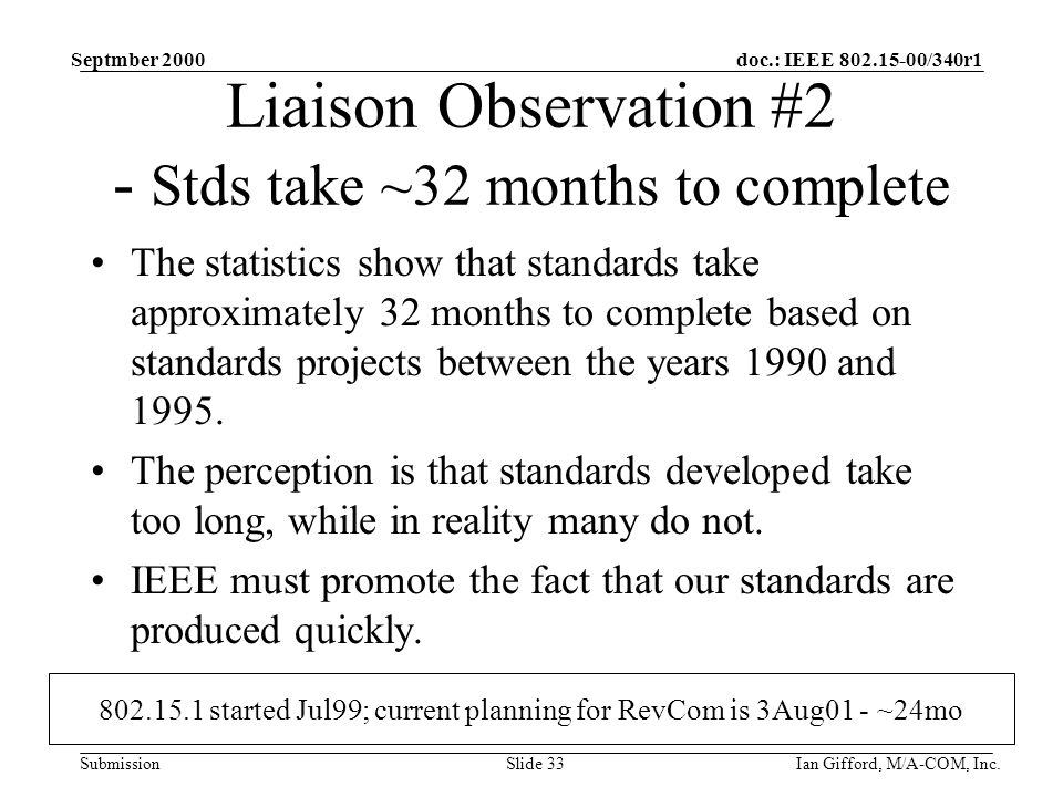 doc.: IEEE /340r1 Submission Septmber 2000 Ian Gifford, M/A-COM, Inc.Slide 33 Liaison Observation #2 - Stds take ~32 months to complete The statistics show that standards take approximately 32 months to complete based on standards projects between the years 1990 and 1995.