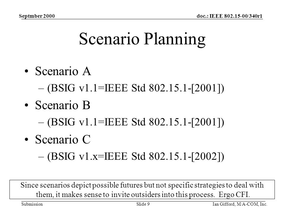 doc.: IEEE /340r1 Submission Septmber 2000 Ian Gifford, M/A-COM, Inc.Slide 9 Scenario Planning Scenario A –(BSIG v1.1=IEEE Std [2001]) Scenario B –(BSIG v1.1=IEEE Std [2001]) Scenario C –(BSIG v1.x=IEEE Std [2002]) Since scenarios depict possible futures but not specific strategies to deal with them, it makes sense to invite outsiders into this process.