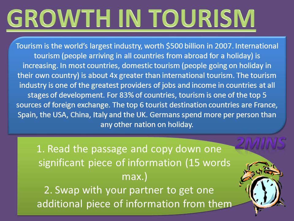 Tourism is the world’s largest industry, worth $500 billion in 2007.