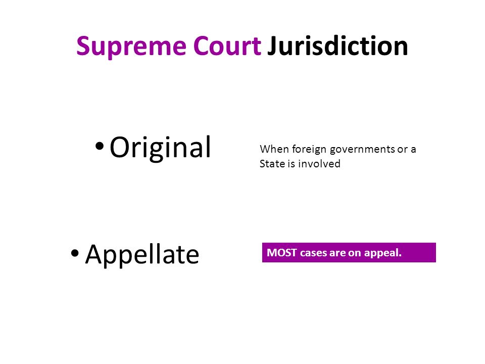 Supreme Court Jurisdiction Original When foreign governments or a State is involved MOST cases are on appeal.