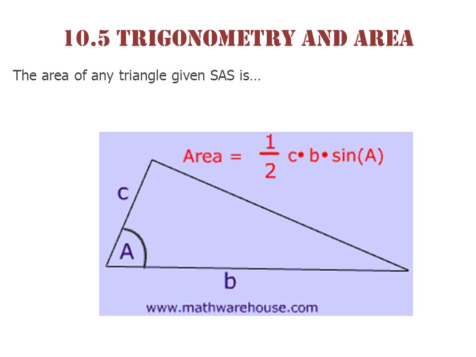 10.5 Trigonometry and area The area of any triangle given SAS is…
