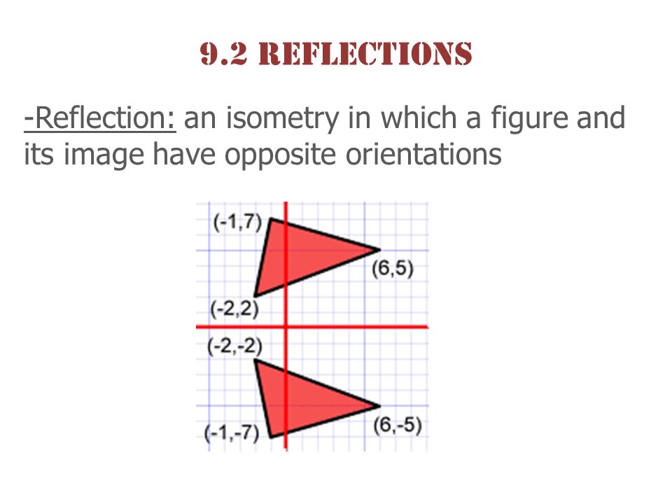 9.2 Reflections -Reflection: an isometry in which a figure and its image have opposite orientations