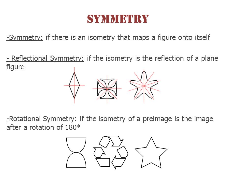 Symmetry -Symmetry: if there is an isometry that maps a figure onto itself - Reflectional Symmetry: if the isometry is the reflection of a plane figure -Rotational Symmetry: if the isometry of a preimage is the image after a rotation of 180*