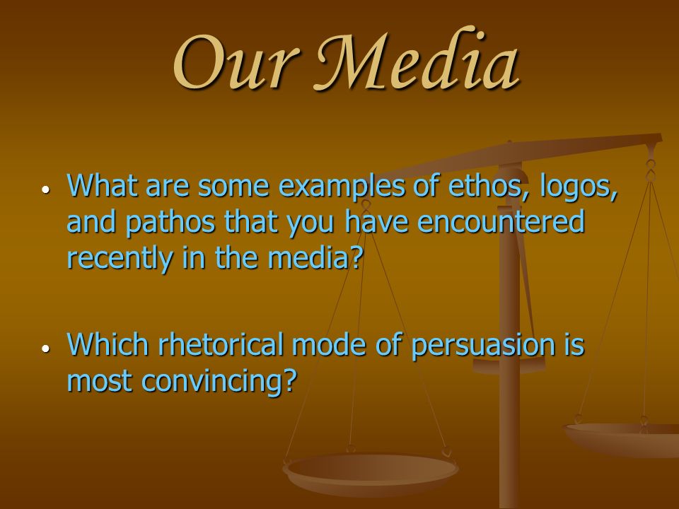 Our Media What are some examples of ethos, logos, and pathos that you have encountered recently in the media.
