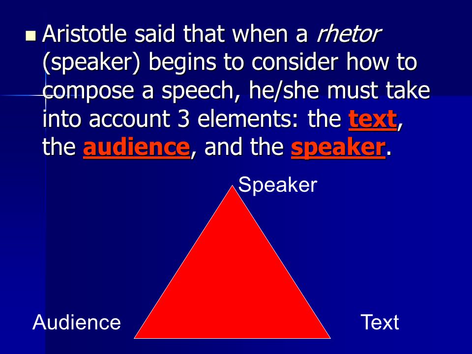 Aristotle said that when a rhetor (speaker) begins to consider how to compose a speech, he/she must take into account 3 elements: the text, the audience, and the speaker.