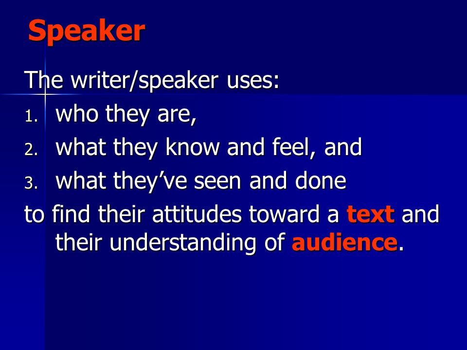 Speaker The writer/speaker uses: 1. who they are, 2.