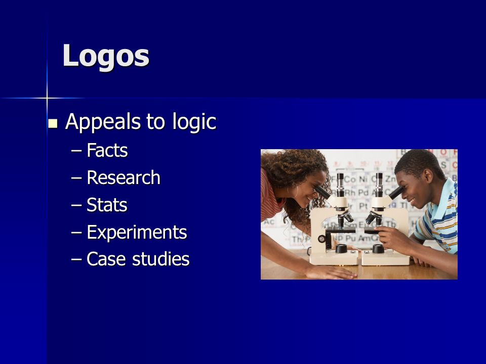 Logos Appeals to logic Appeals to logic –Facts –Research –Stats –Experiments –Case studies