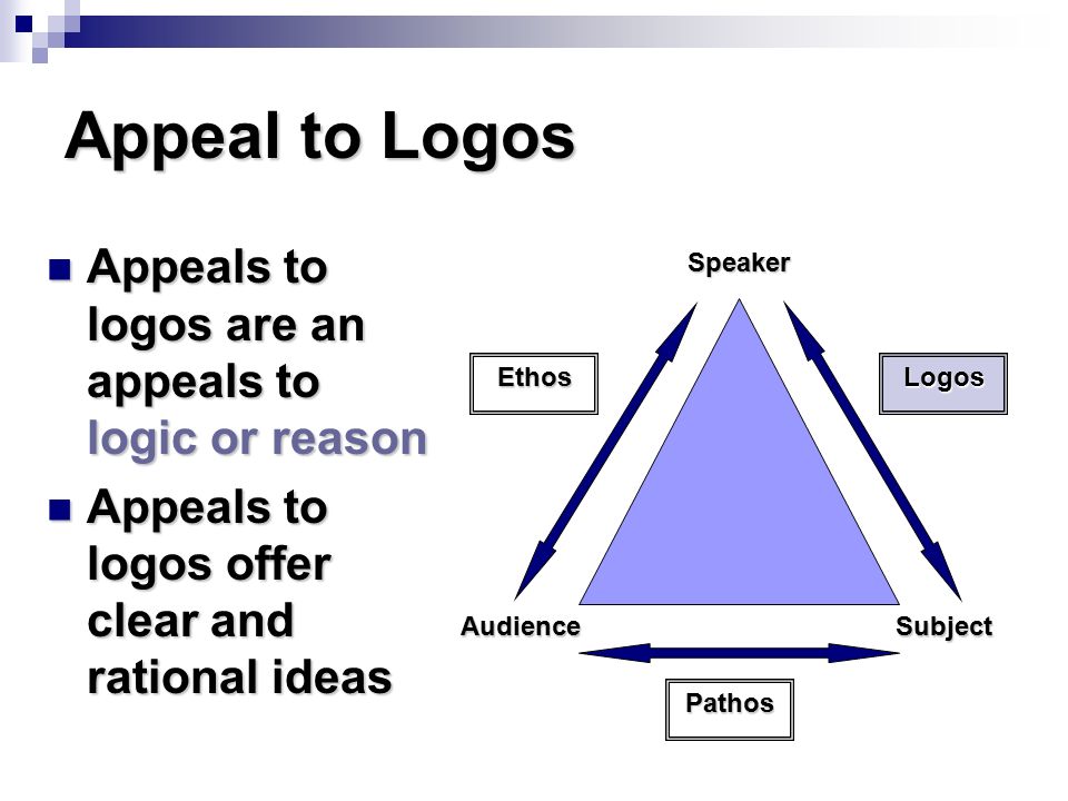 Appeal to Logos Appeals to logos are an appeals to logic or reason Appeals to logos are an appeals to logic or reason Appeals to logos offer clear and rational ideas Appeals to logos offer clear and rational ideas AudienceSpeakerSubject EthosLogos Pathos