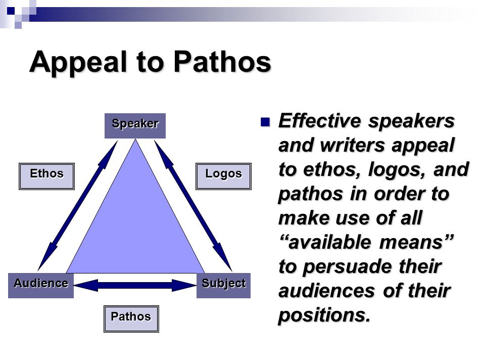 Appeal to Pathos Effective speakers and writers appeal to ethos, logos, and pathos in order to make use of all available means to persuade their audiences of their positions.