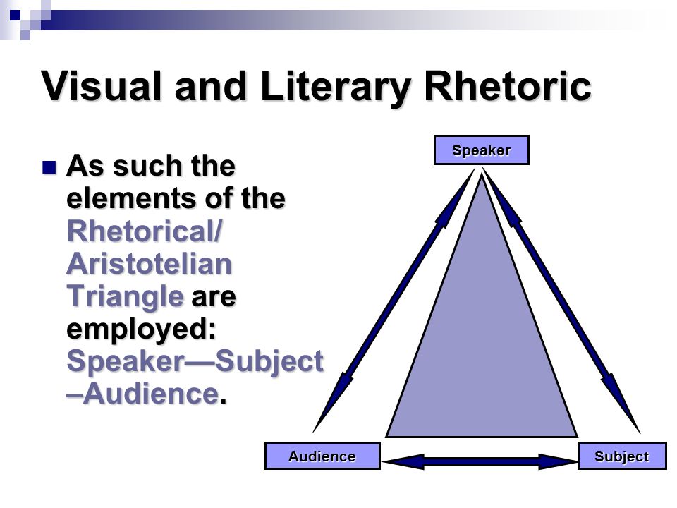 Visual and Literary Rhetoric As such the elements of the Rhetorical/ Aristotelian Triangle are employed: Speaker—Subject –Audience.