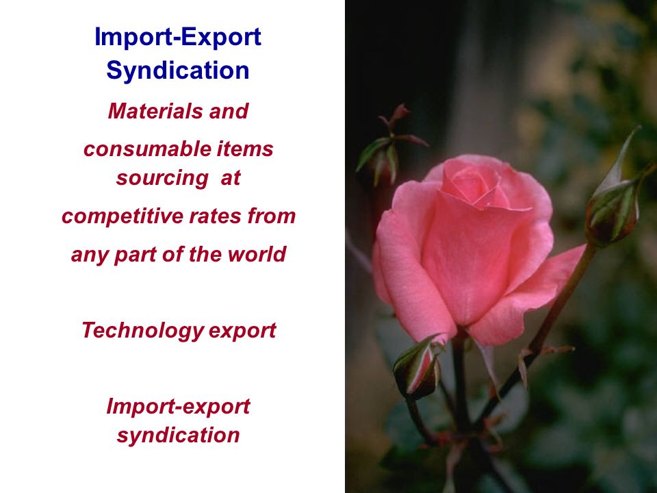 Import-Export Syndication Materials and consumable items sourcing at competitive rates from any part of the world Technology export Import-export syndication