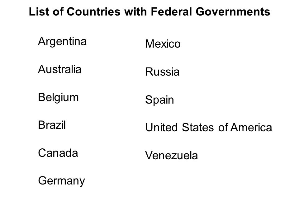 List of Countries with Federal Governments Argentina Australia Belgium Brazil Canada Germany Mexico Russia Spain United States of America Venezuela