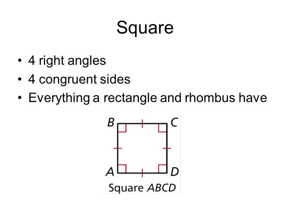 Square 4 right angles 4 congruent sides Everything a rectangle and rhombus have