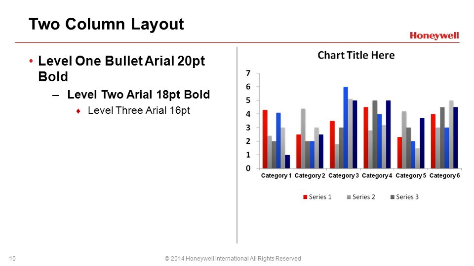 Two Column Layout Level One Bullet Arial 20pt Bold –Level Two Arial 18pt Bold ♦ Level Three Arial 16pt © 2014 Honeywell International All Rights Reserved10 PPT DESIGN NOTE: The HON template has been set to convert your charts and graphs to this color scheme when they are inserted or cut/pasted from Microsoft Excel.