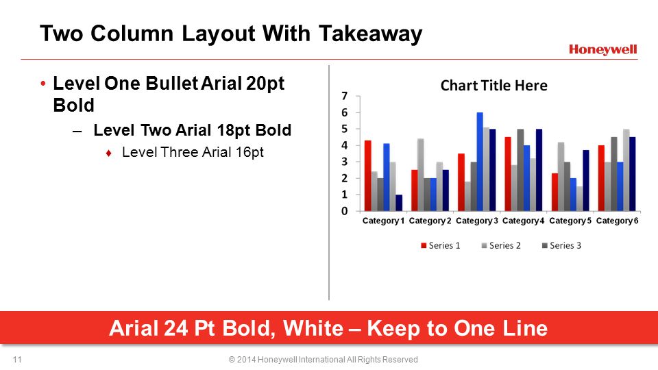 Two Column Layout With Takeaway Level One Bullet Arial 20pt Bold –Level Two Arial 18pt Bold ♦ Level Three Arial 16pt © 2014 Honeywell International All Rights Reserved11 Arial 24 Pt Bold, White – Keep to One Line PPT DESIGN NOTE: The HON template has been set to convert your charts and graphs to this color scheme when they are inserted or cut/pasted from Microsoft Excel.