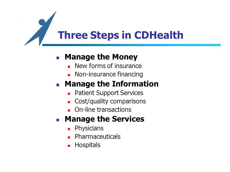 Three Steps in CDHealth Manage the Money New forms of insurance Non-insurance financing Manage the Information Patient Support Services Cost/quality comparisons On-line transactions Manage the Services Physicians Pharmaceuticals Hospitals