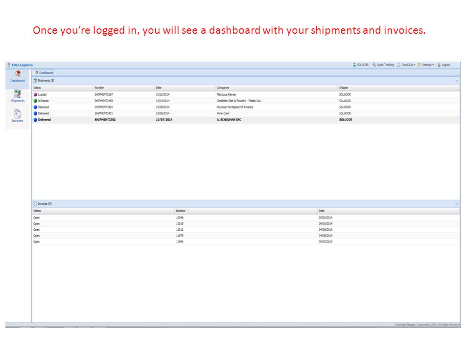 Once you’re logged in, you will see a dashboard with your shipments and invoices.