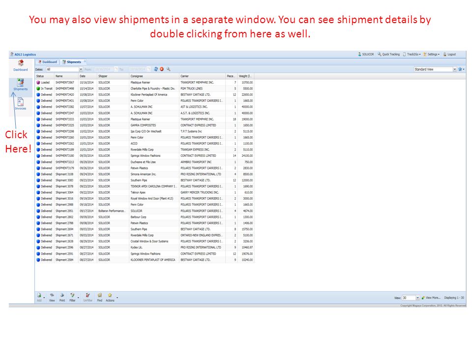 You may also view shipments in a separate window.